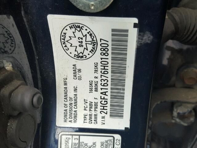 2HGFA16376H018807 - 2006 HONDA CIVIC DX V BLUE photo 10