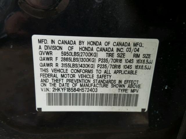 2HKYF18584H572403 - 2004 HONDA PILOT EXL BLACK photo 10