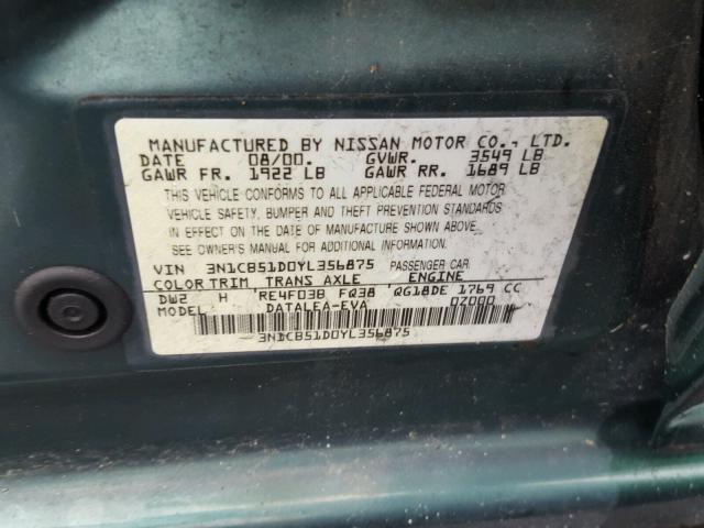 3N1CB51D0YL356875 - 2000 NISSAN SENTRA BAS GREEN photo 10