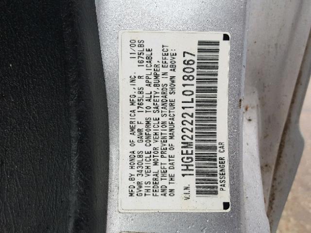 1HGEM22221L018067 - 2001 HONDA CIVIC DX SILVER photo 10