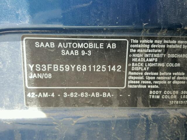 YS3FB59Y681125142 - 2008 SAAB 9-3 2.0T BLUE photo 10