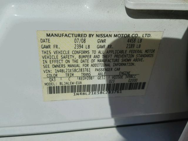 1N4BL21E58C283761 - 2008 NISSAN ALTIMA SILVER photo 10