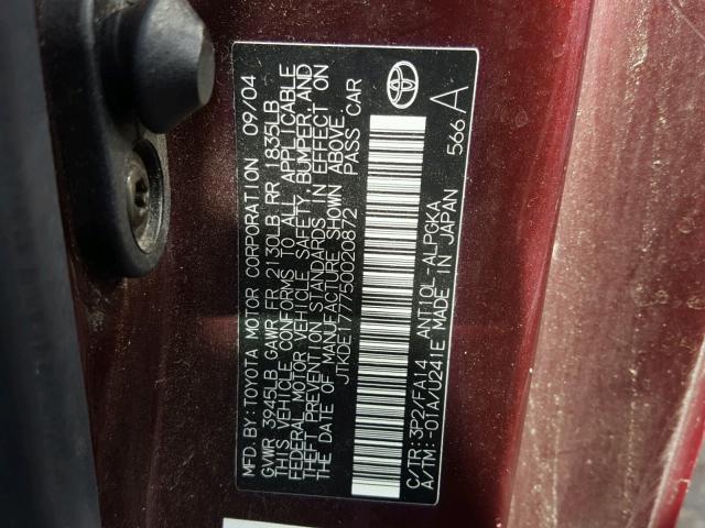 JTKDE177750020872 - 2005 TOYOTA SCION TC 勃艮第红 照片 10