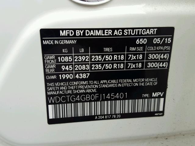 WDCTG4GB0FJ145401 - 2015 MERCEDES-BENZ GLA 250 4M WHITE photo 10