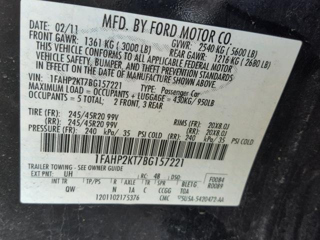 1FAHP2KT7BG157221 - 2011 FORD TAURUS SHO BLACK photo 10