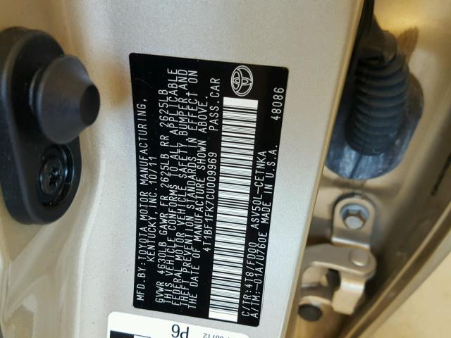 4T1BF1FK7CU009969 - 2012 TOYOTA CAMRY GOLD photo 10