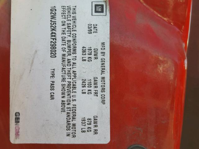 1G2WJ52K4XF298020 - 1999 PONTIAC GRAND PRIX RED photo 10