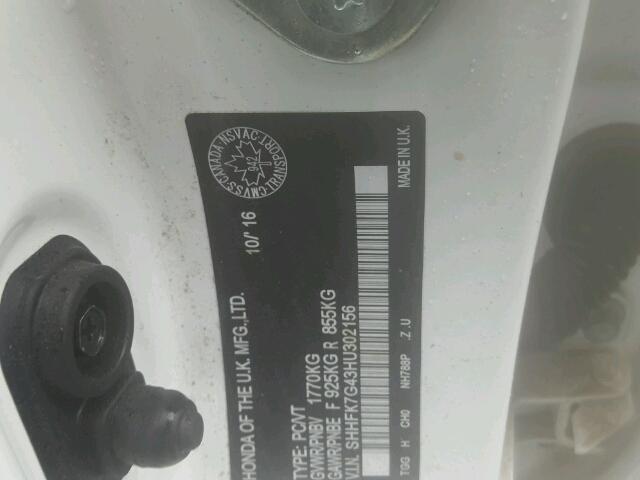 SHHFK7G43HU302156 - 2017 HONDA CIVIC SPOR WHITE photo 10