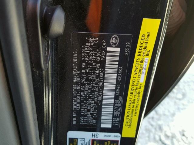 4T1BE46K39U348807 - 2009 TOYOTA CAMRY BASE BLACK photo 10