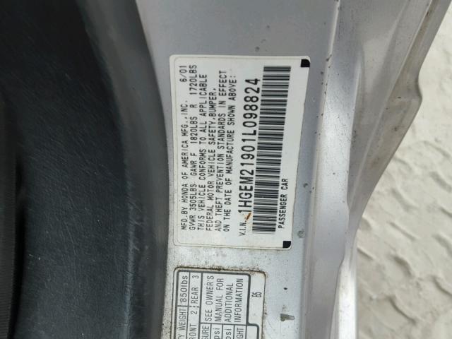 1HGEM21901L098824 - 2001 HONDA CIVIC SI SILVER photo 10