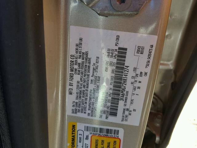 3FA6P0G72HR141274 - 2017 FORD FUSION S GOLD photo 10