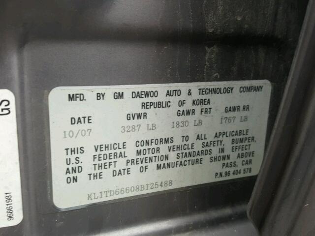 KL1TD66608B125488 - 2008 CHEVROLET AVEO BASE Szary zdjęcie 10