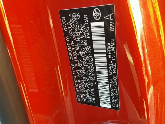 JTDJT923985211476 - 2008 TOYOTA YARIS RED photo 10