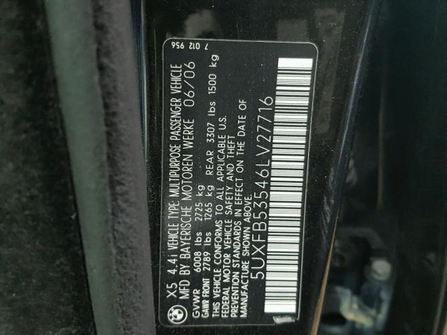 5UXFB53546LV27716 - 2006 BMW X5 BLACK photo 10