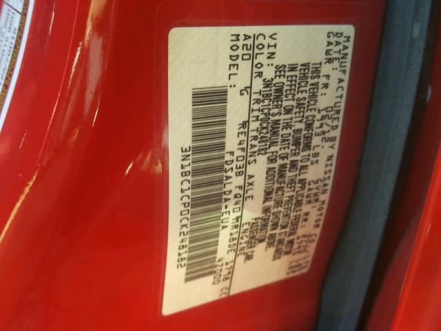 3N1BC1CP0CK248182 - 2012 NISSAN VERSA S RED photo 10