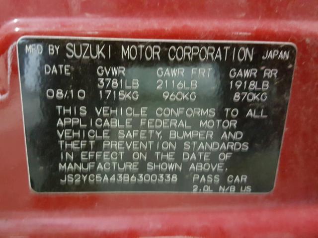 JS2YC5A43B6300338 - 2011 SUZUKI SX4 SPORT RED photo 10