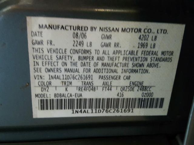 1N4AL11D76C261691 - 2006 NISSAN ALTIMA S GRAY photo 10