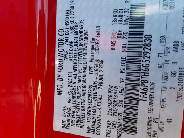 1FA6P8TH6G5292830 - 2016 FORD MUSTANG RED photo 10