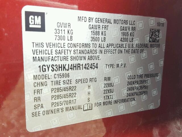 1GYS3HKJ4HR142454 - 2017 CADILLAC ESCALADE E RED photo 10