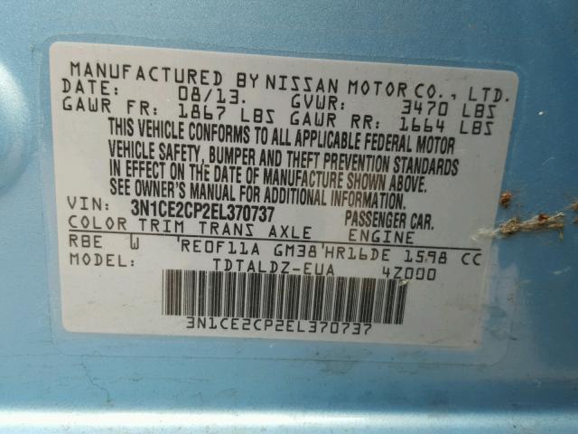 3N1CE2CP2EL370737 - 2014 NISSAN VERSA NOTE BLUE photo 10