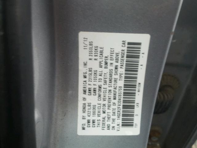 1HGCR2F83DA065759 - 2013 HONDA ACCORD EXL SILVER photo 10