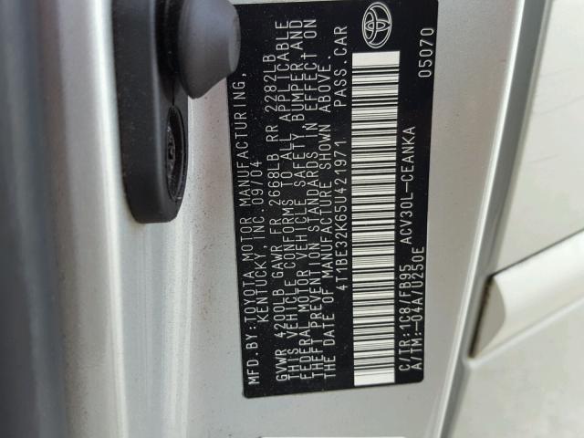 4T1BE32K65U421971 - 2005 TOYOTA CAMRY LE ვერცხლისფერი ფოტო 10