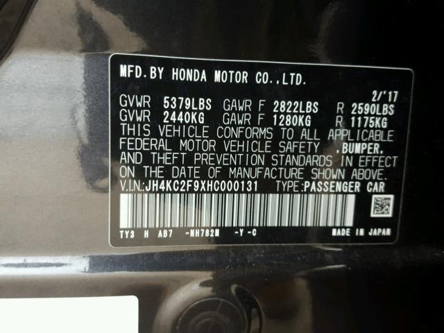 JH4KC2F9XHC000131 - 2017 ACURA RLX SPORT GRAY photo 10