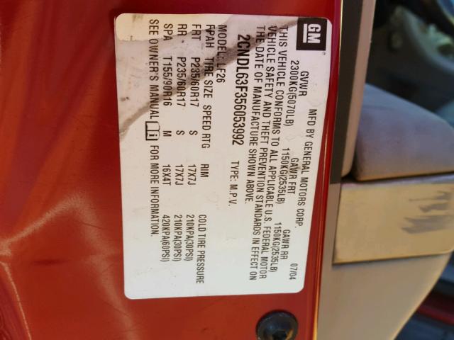 2CNDL63F356053992 - 2005 CHEVROLET EQUINOX LT RED photo 10