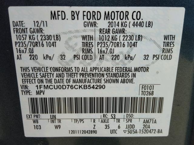 1FMCU0D76CKB54290 - 2012 FORD ESCAPE XLT BLUE photo 10