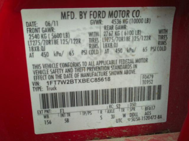 1FT7W2BTXBEC85618 - 2011 FORD F250 SUPER RED photo 10