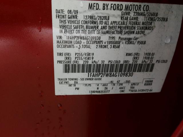 1FAHP2FW8AG109830 - 2010 FORD TAURUS LIM RED photo 10