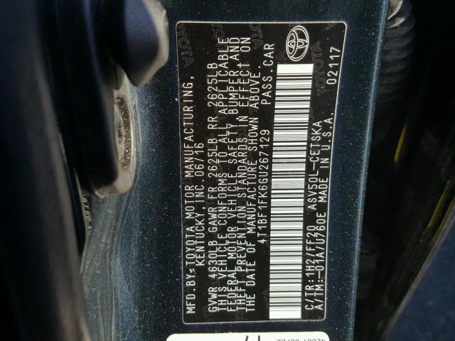 4T1BF1FK6GU267129 - 2016 TOYOTA CAMRY LE შავი ფოტო 10