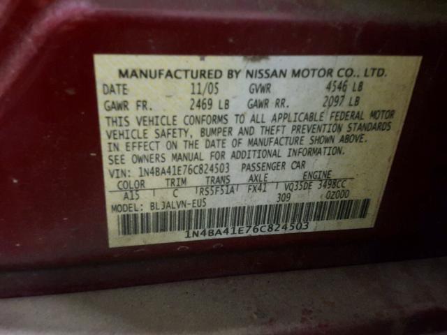 1N4BA41E76C824503 - 2006 NISSAN MAXIMA SE RED photo 10