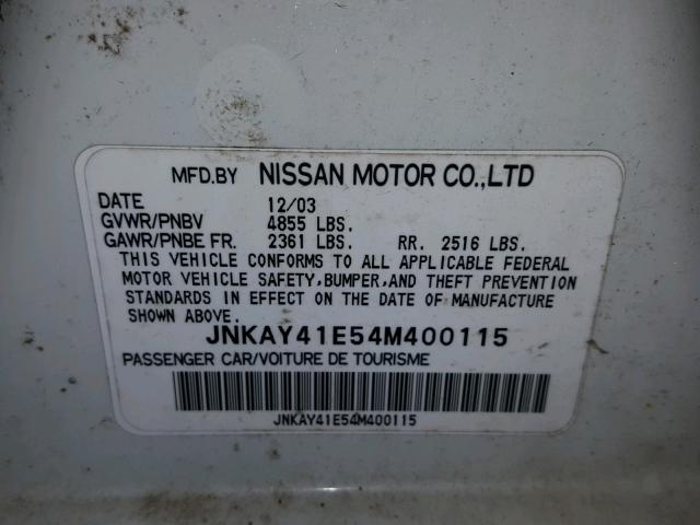 JNKAY41E54M400115 - 2004 INFINITI M45 WHITE photo 10