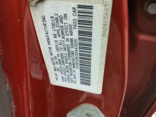 1Y1SK5281XZ443939 - 1999 CHEVROLET GEO PRIZM 红色 照片 10