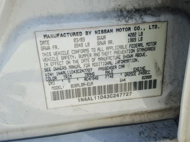 1N4AL11D43C247727 - 2003 NISSAN ALTIMA WHITE photo 10