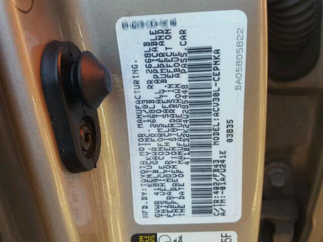 4T1BE32K24U285448 - 2004 TOYOTA CAMRY LE ბეჟი ფოტო 10