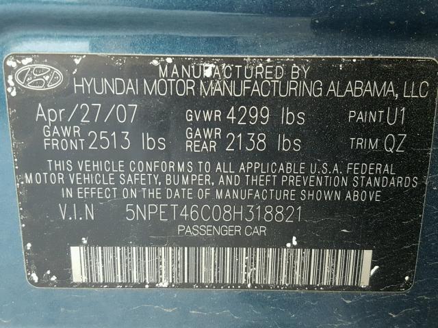 5NPET46C08H318821 - 2008 HYUNDAI SONATA BLUE photo 10