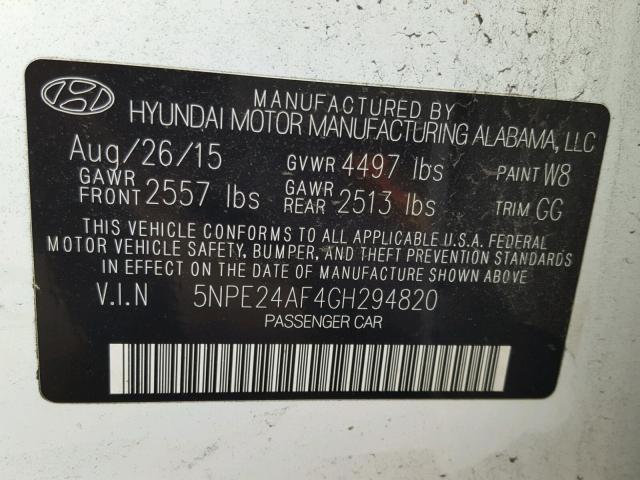 5NPE24AF4GH294820 - 2016 HYUNDAI SONATA SE WHITE photo 10