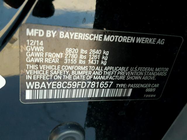 WBAYE8C59FD781657 - 2015 BMW 750 LI BLACK photo 10