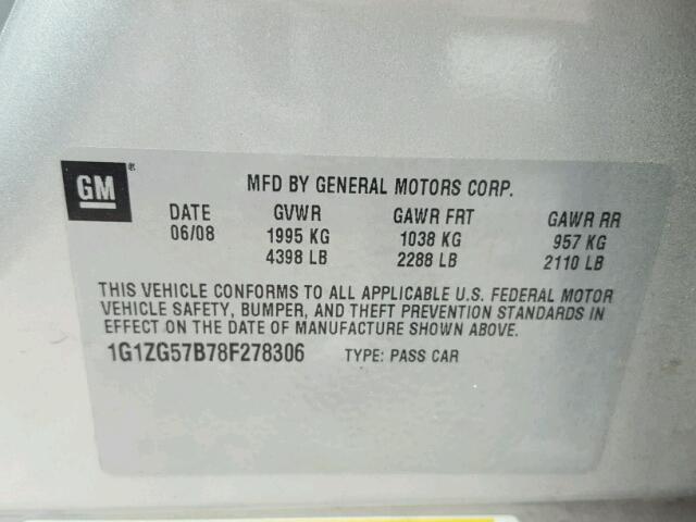 1G1ZG57B78F278306 - 2008 CHEVROLET MALIBU LS 银色 照片 10