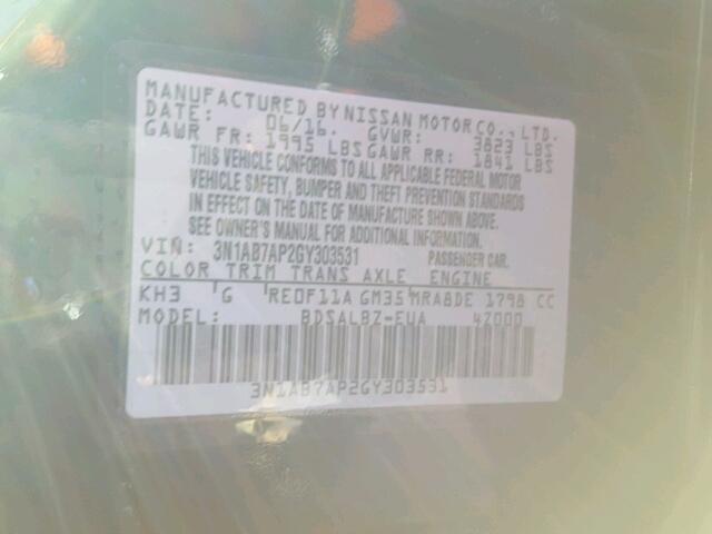 3N1AB7AP2GY303531 - 2016 NISSAN SENTRA S BLACK photo 10