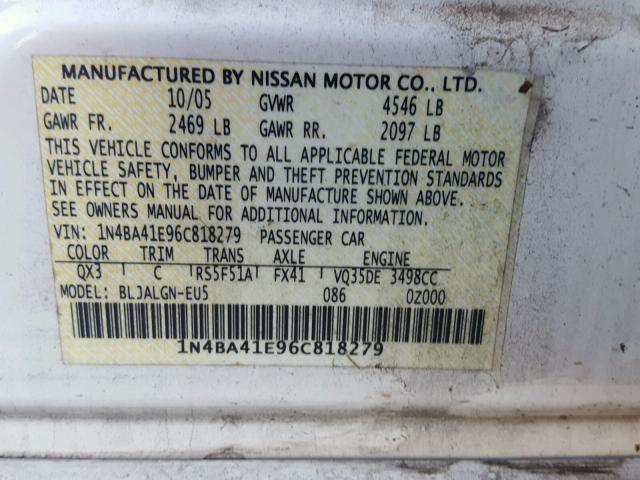 1N4BA41E96C818279 - 2006 NISSAN MAXIMA SE WHITE photo 10