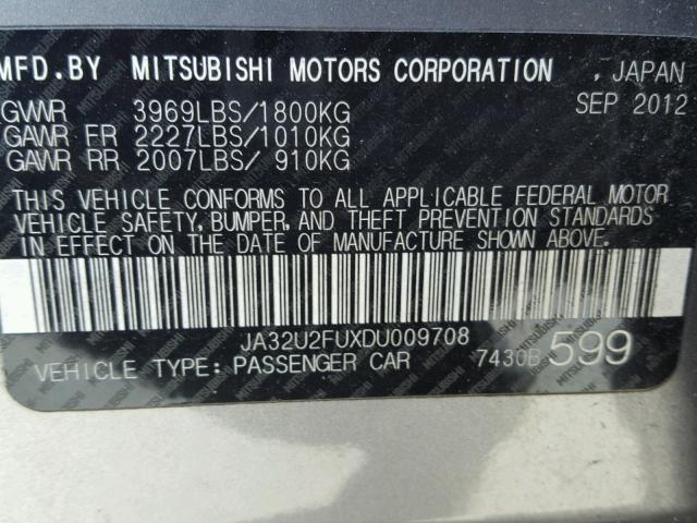 JA32U2FUXDU009708 - 2013 MITSUBISHI LANCER GRAY photo 10