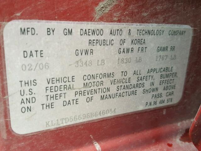 KL1TD56696B646054 - 2006 CHEVROLET AVEO BASE Tünd qırmızı foto 10