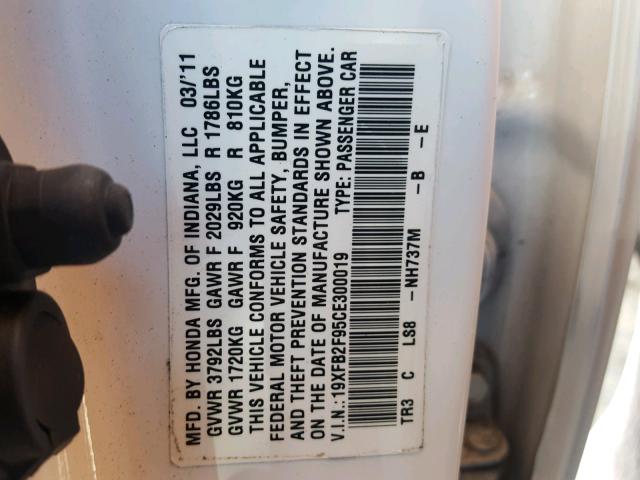 19XFB2F95CE300019 - 2012 HONDA CIVIC EXL Ağ foto 10