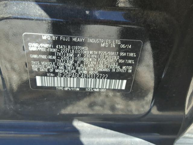 JF2GPAGC4EH312722 - 2014 SUBARU XV CROSSTR BLACK photo 10