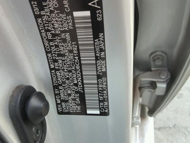 JTDKN3DU6C5418921 - 2012 TOYOTA PRIUS SILVER photo 10