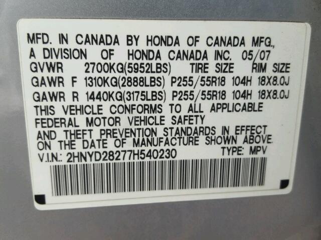 2HNYD28277H540230 - 2007 ACURA MDX SILVER photo 10