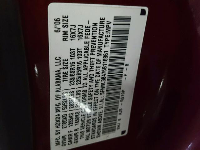 5FNRL38476B116961 - 2006 HONDA ODYSSEY RED photo 10